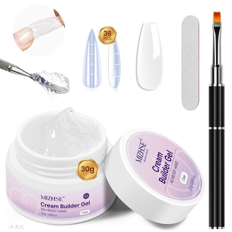 MIZHSE Nail Builder Gel - 30g Clear Hard Extension Strengthener for 3D Nail Art | DIY Sculpting Kit with Dual Forms & Brush