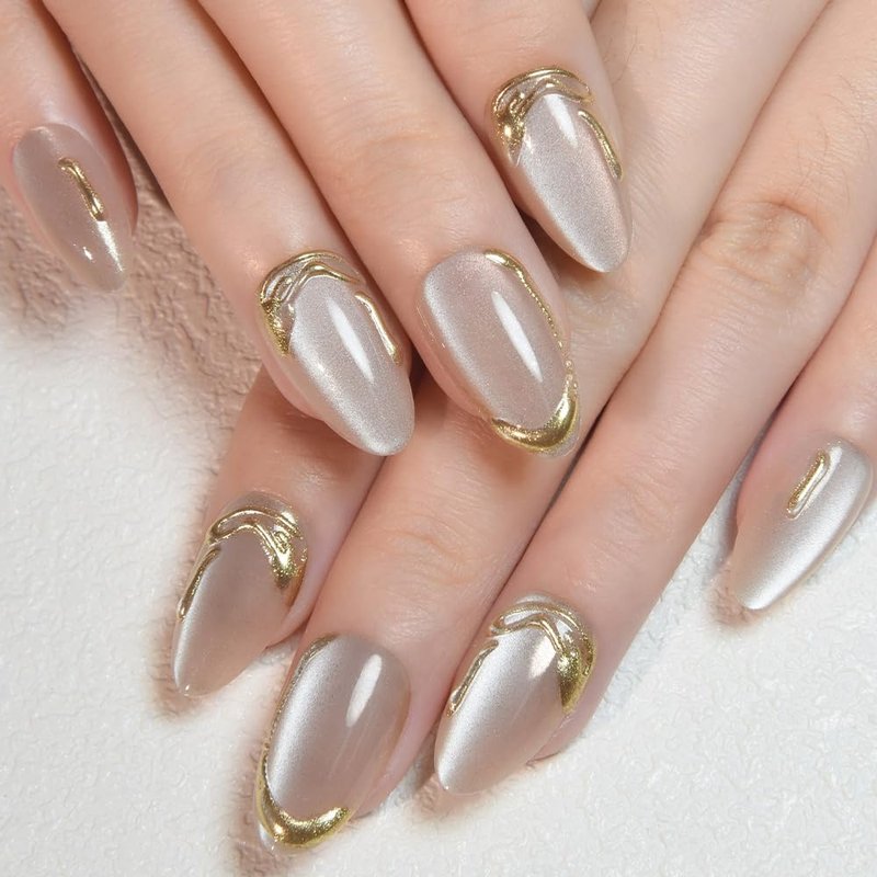 Nude Cat Eye Press-On Nails - Short Almond Shape with Gold Liner Design | Reusable Soft Gel Fake Nails for Women