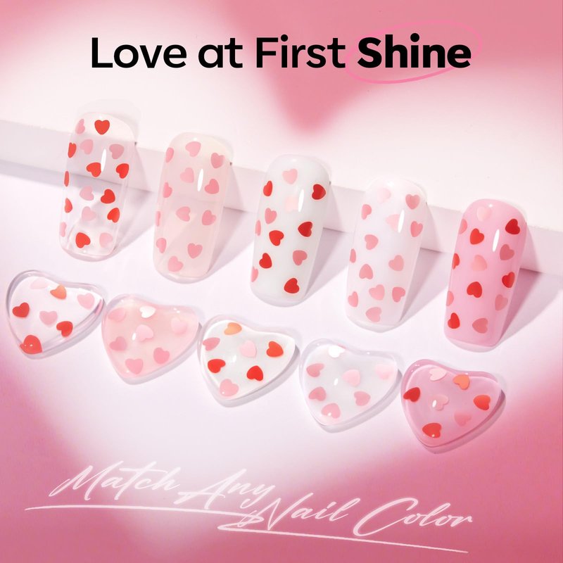 modelones Heart Glitter Gel Top Coat, 15 ML 2 in One No Wipe Clear Gel Nail Polish Red Pink Color Reflective Hearts Sequins Glossy Shine Long Lasting Soak Off Manicure Gift for Women