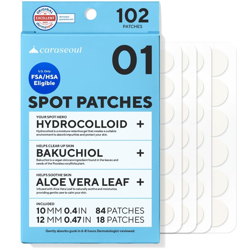 caraseoul Pimple Patches, 2 Size Hydrocolloid Acne Patch for Zits and Blemishes, Bakuchiol & Aloe Vera, Korean Skin Care, Easy to Use – Dermatology Tested (102 Count)