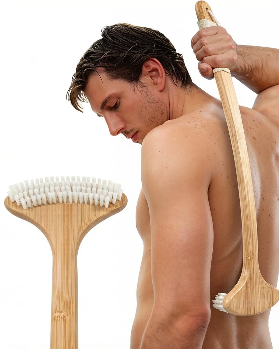 Renook Bamboo Back Scratcher, 22'' Extra Long Curved Handle Reach Back Easily, Wide Brush Head Soft Bristles for Instant Itch Relief, Wet or Dry Use for Shower, Easy to Grip for Men/Women/Elderly