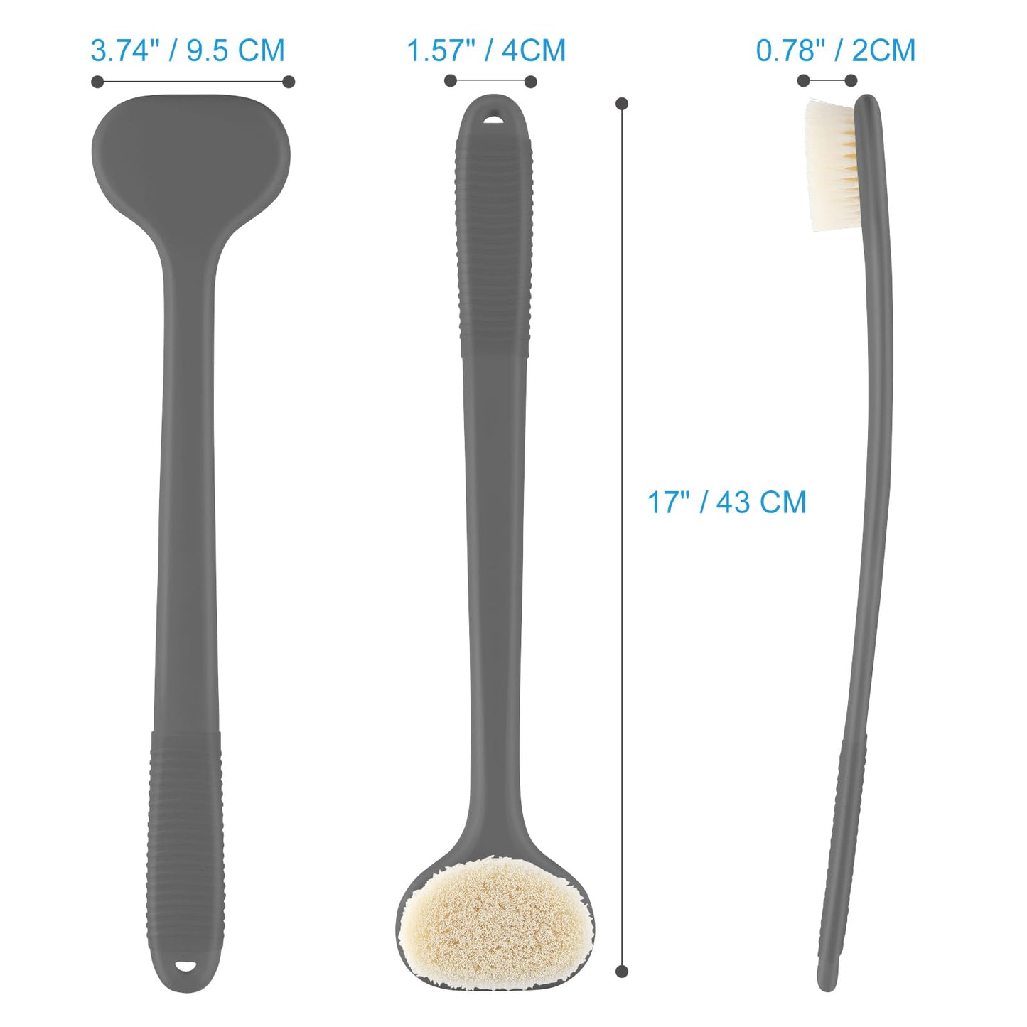 VANZAVANZU Back Scrubber for Shower, Bath Brush with 17-Inch Long Anti-Slip Handle, Wet and Dry Brushing Body Brush for Body Cleansing, Back Brush for Men and Women (Grey)