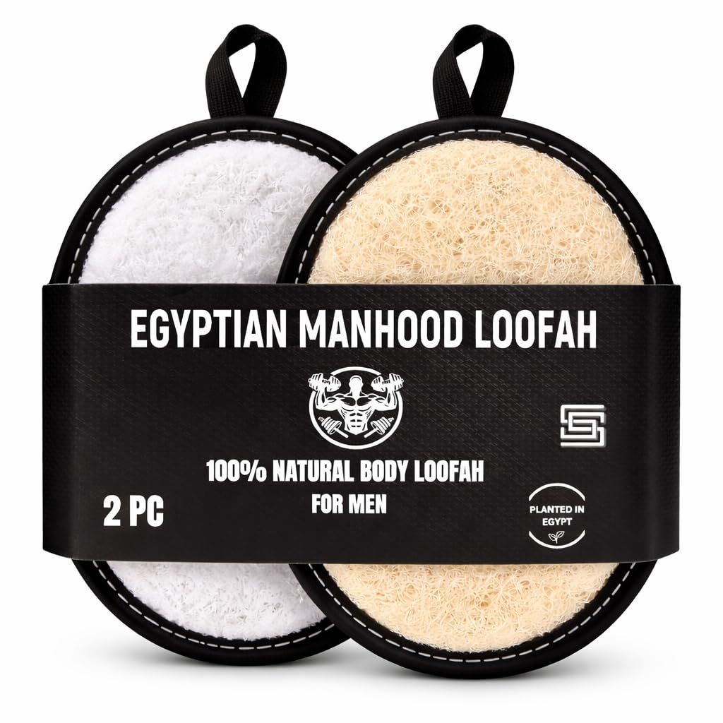 Rugged Natural Shower Loofah for Men - Tough Eco-Friendly Exfoliating Body Scrubbers, Durable & Gentle Terry Towel Cloth pad for Manly Skin Care - Lufas, Luffa, Loofah, Loufas Sponges