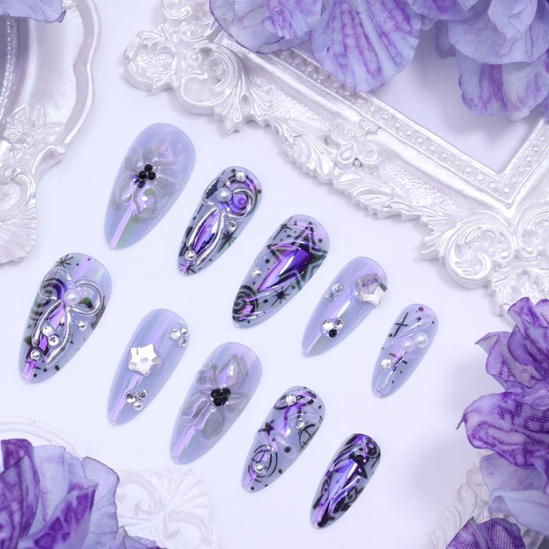 Skiennix 24Pcs Y2K Press-On Nails - Medium Almond Shape with Purple Flowers & 3D Silver Bow Design