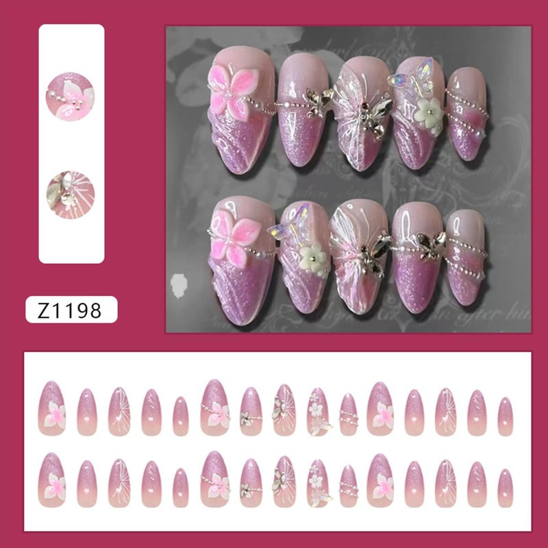 Gradient Purple Press-On Nails - Medium Almond French Tip with Glitter & 3D Pearl Gems | 30 Pcs Acrylic Set for Women