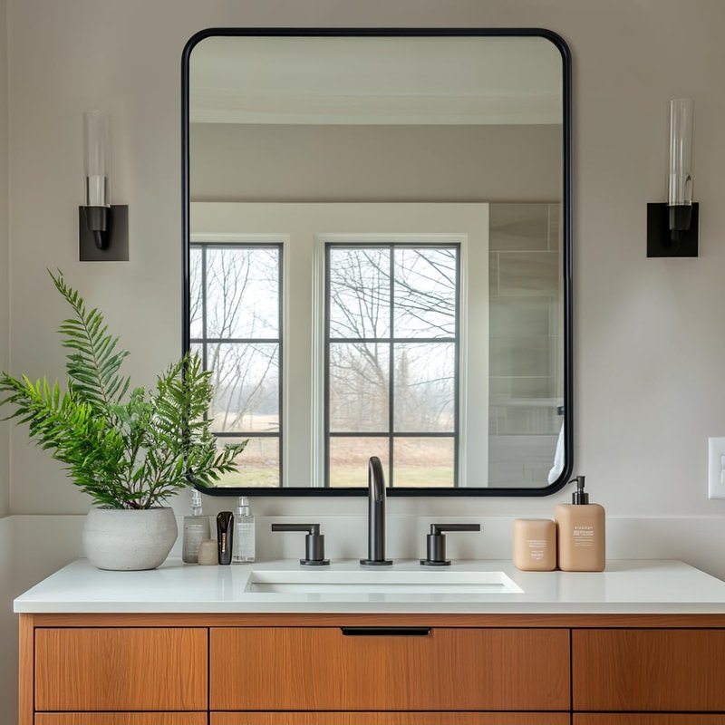 Black Bathroom Mirror - 30x36 Inch Rounded Rectangle Design | Modern Metal Frame for Vanity