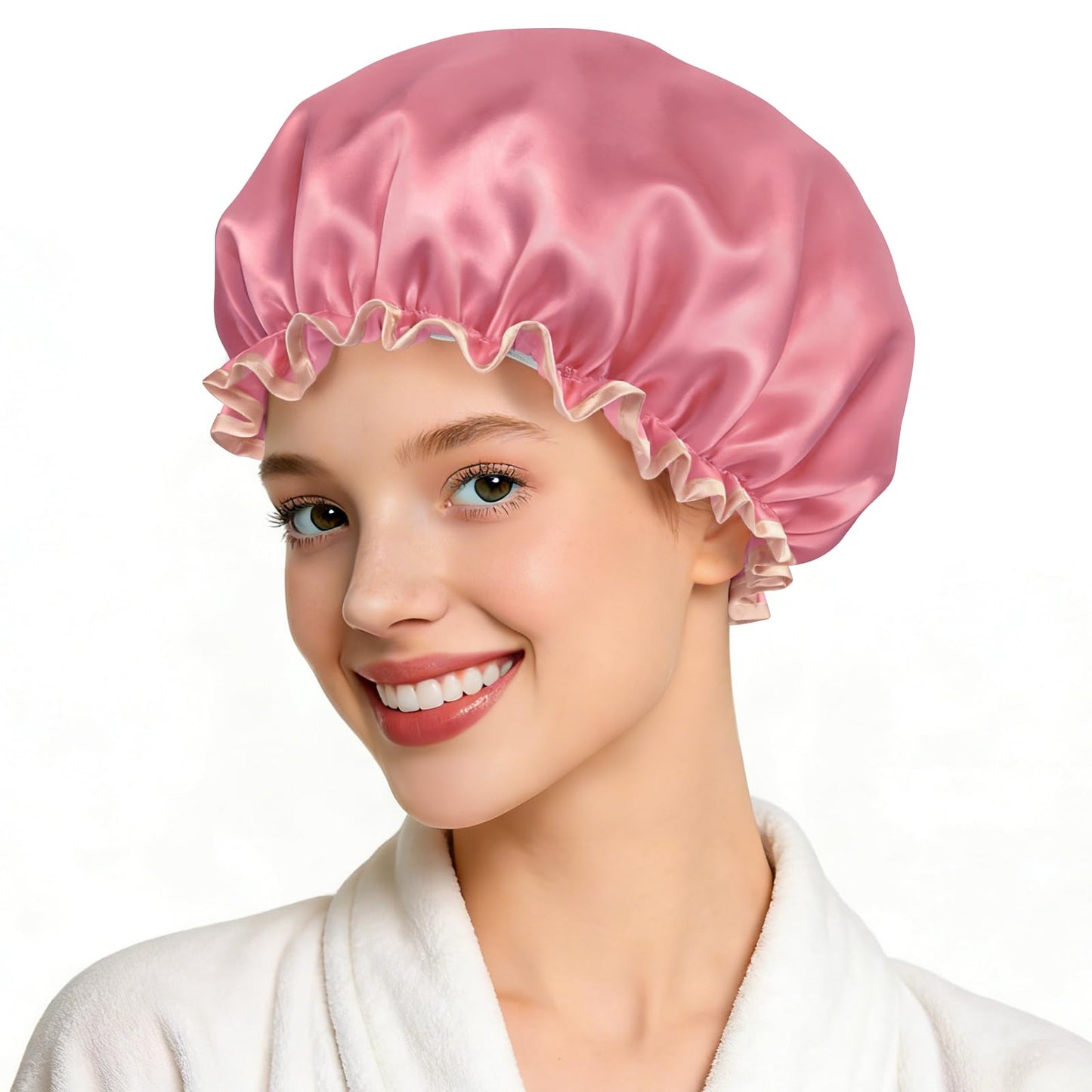 Waterproof Shower Caps for Women, Solid Color Dual-Layer Elastic Band Design Bath Hair Hat, Protects Hair In Shower, Spa, Cooking, Clean & Travel (Deep Pink)