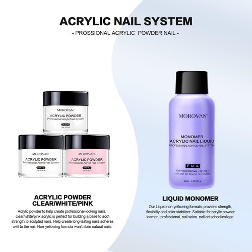 Morovan Acrylic Nail Kit: Clear Pink White Powder and Professional Liquid Set for Nail Extension - DIY at Home With Brush for Beginners