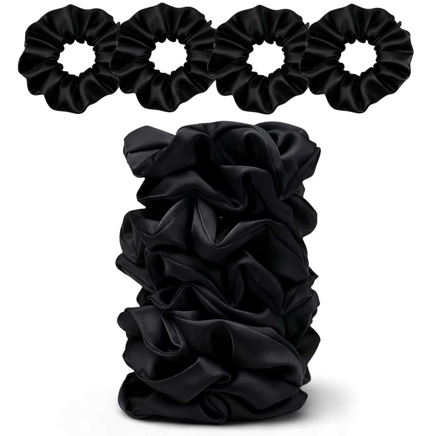 Skiennix Satin Scrunchies - 8PCS Black Silk Hair Ties | No Crease, Frizz-Free, Gentle Elastic Bands