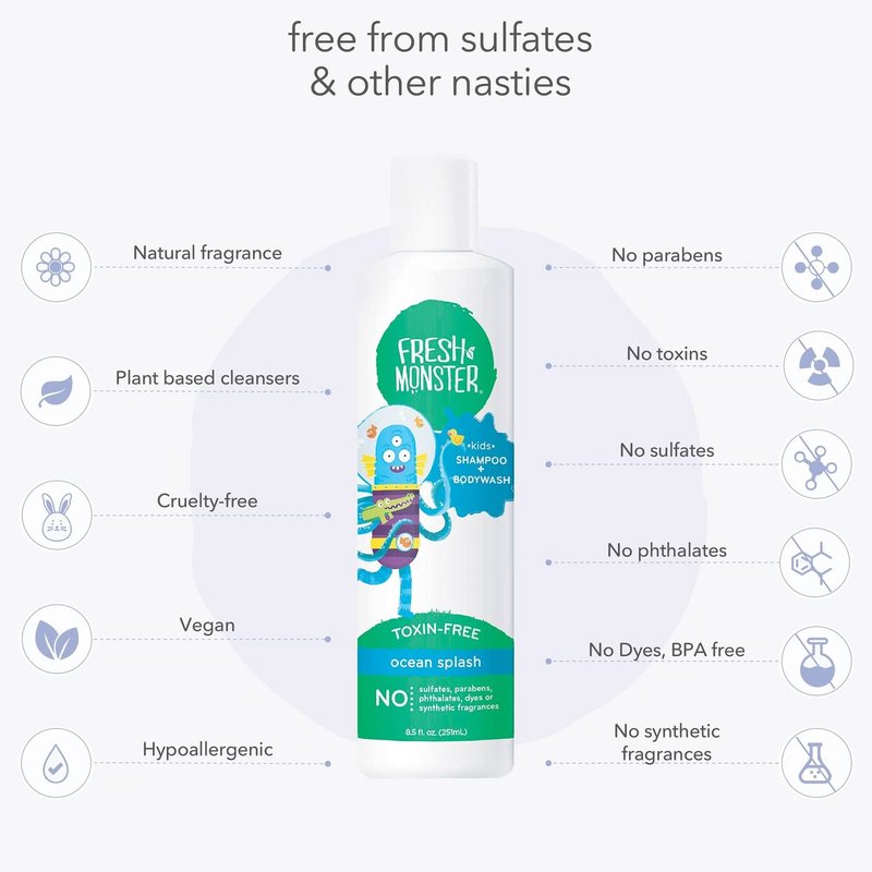 Fresh Monster 2-in-1 Natural Shampoo & Body Wash for Kids - Toxin-Free, Hypoallergenic, Ocean Splash | 2 Pack (8.5oz Each)