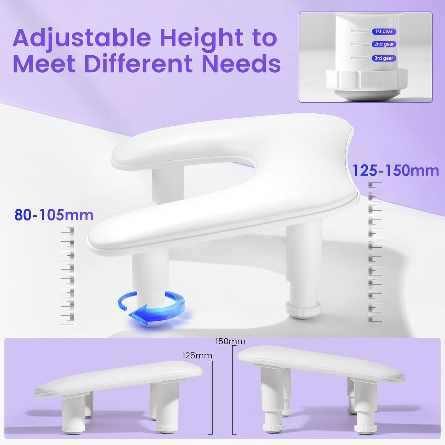 Skiennix U-Shaped Nail Arm Rest - Adjustable Height Microfiber PU Leather Pillow for Acrylic Nails | White