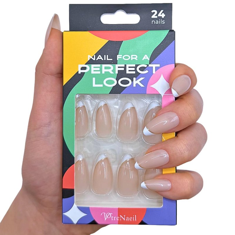 PerfectLook Press On Nails - Short Almond French Tip with Gold Line | 24 Pcs Nude Glossy Nail Kit