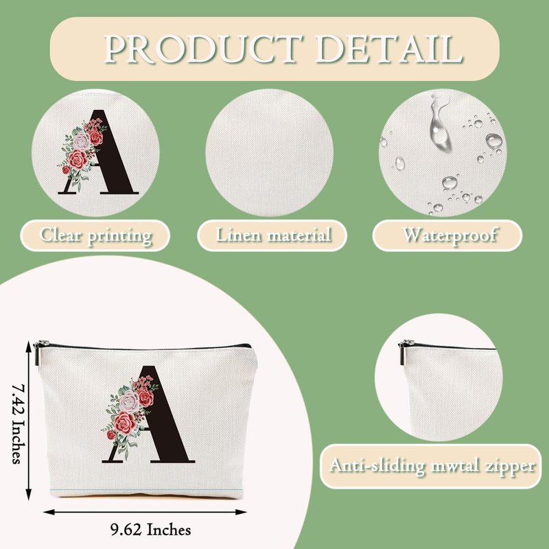 Initial A Rose Letter Makeup Bag - Monogrammed Cosmetic Bag for Women | Travel Toiletry Organizer
