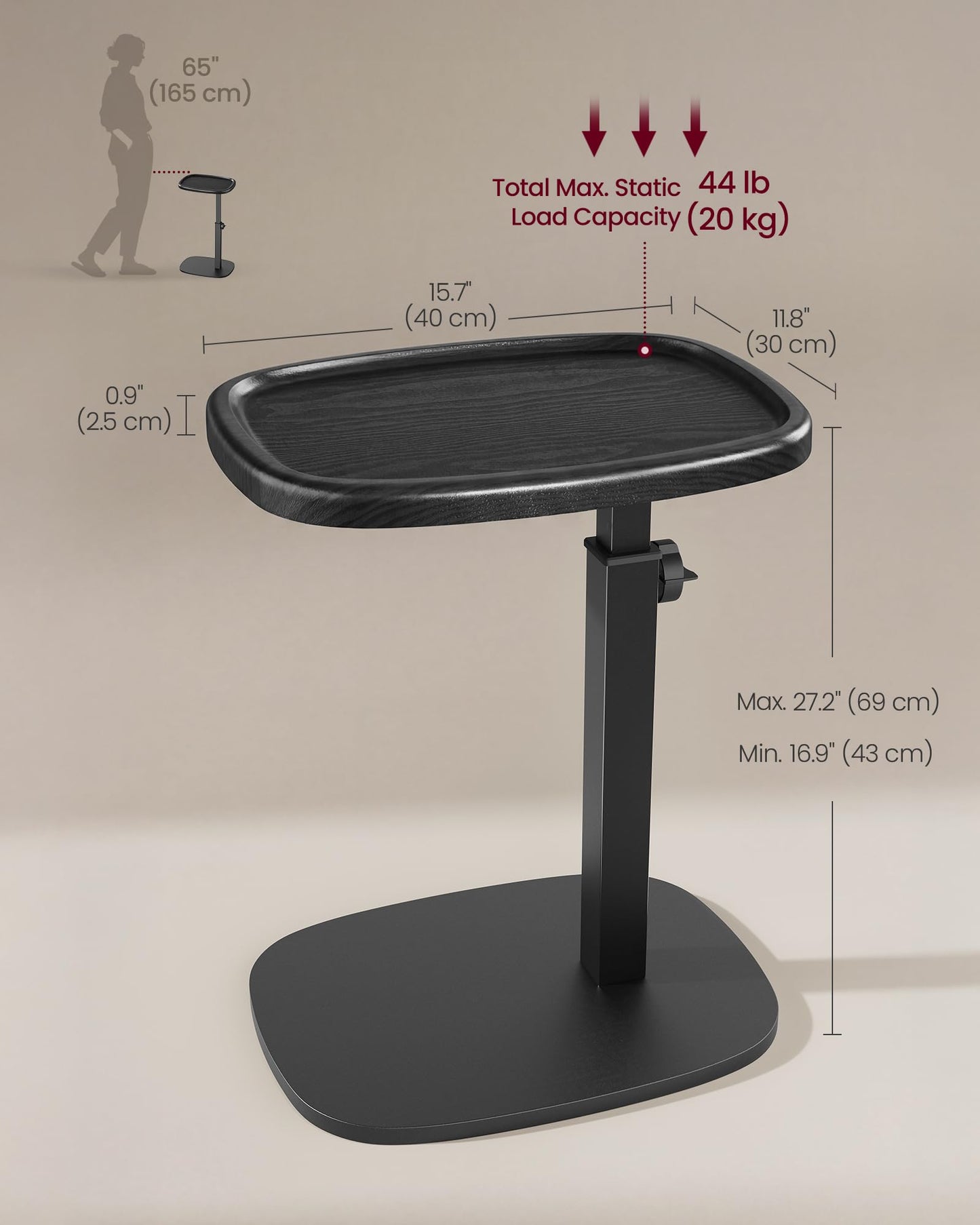 VASAGLE C Side Table Adjustable Height, Couch Sofa Table, End Table, TV Tray for Small Spaces, 11.8 x 15.7 x 27.2 Inches, for Living Room, Bedroom, Ink Black ULET363B101