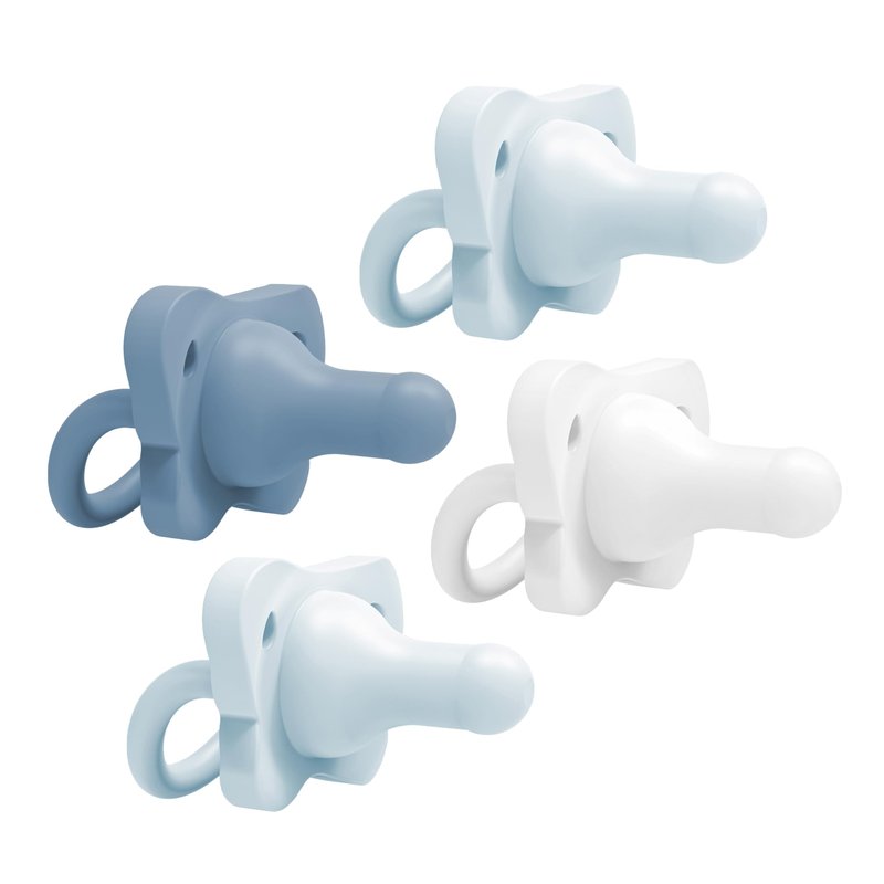 Dr. Brown's HappyPaci 100% Silicone Baby Pacifier, Contoured One-Piece Design, Blue/Light Blue/White, 0-6m, BPA-Free, 4-Pack