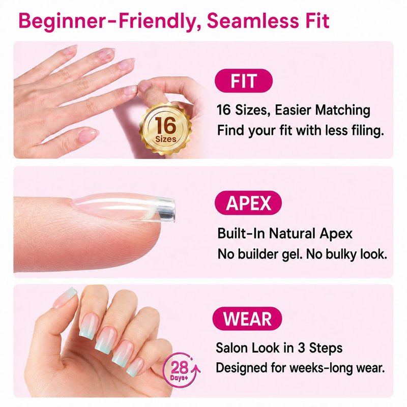 Beetles Nail Tips - Instant Apex XS Square Extensions | 16 Sizes 00-14, No Builder Gel Needed