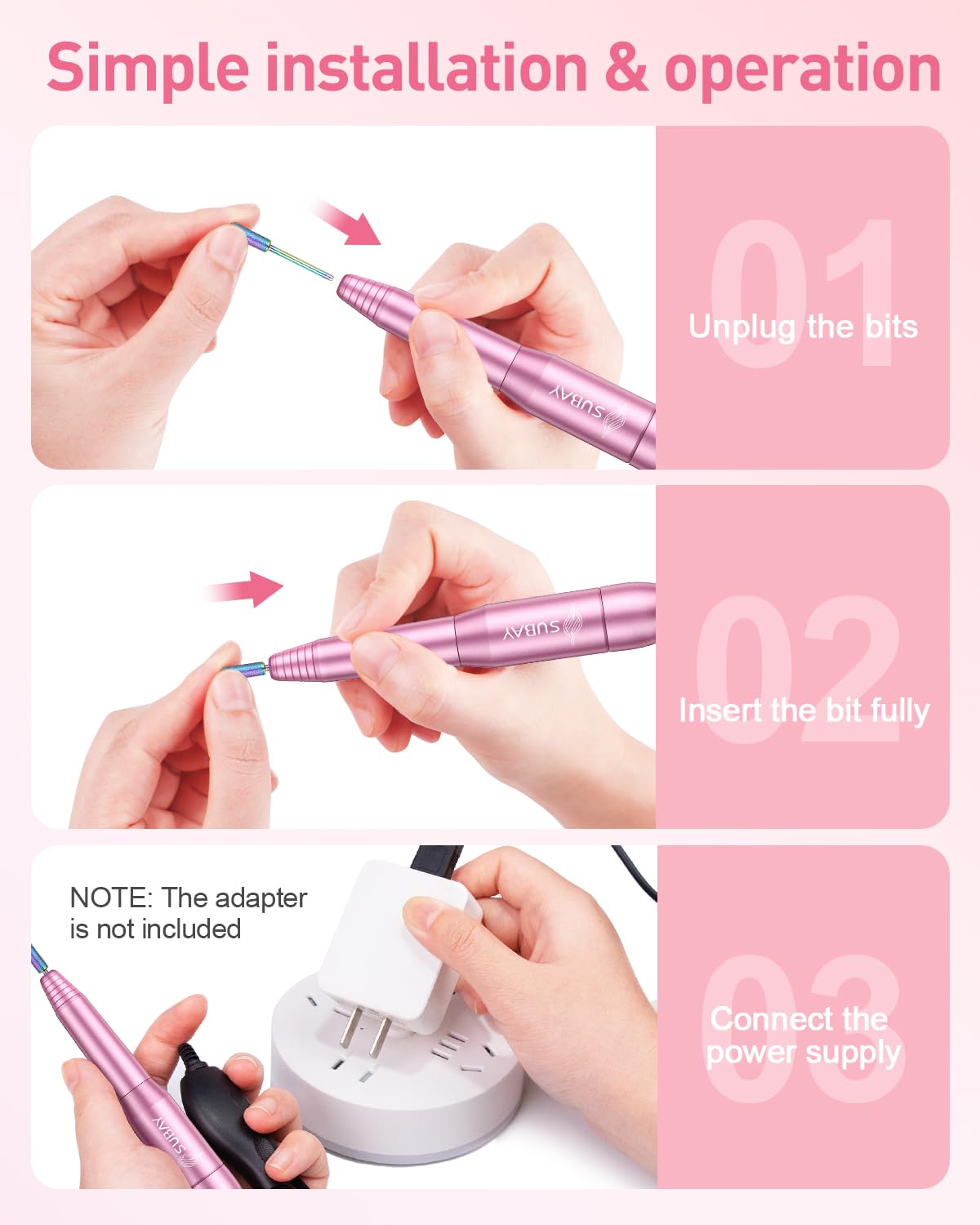 Subay Electric Nail Drill, Portable Electric Nail File for Acrylic Gel Nails, Manicure Pedicure Tool with 6 Bits and 26 Sanding Bands for Home and Salon Use - Pink
