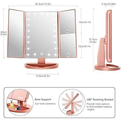 WEILY Makeup Mirror with 21 LED Lights,Two Power Supply Modes, Adjustable Touch Screen and 1x/2x/3x Magnification Tri-Fold Vanity Mirror,Chargeable Travel Cosmetic Mirror for Desktop(Rose Pink)
