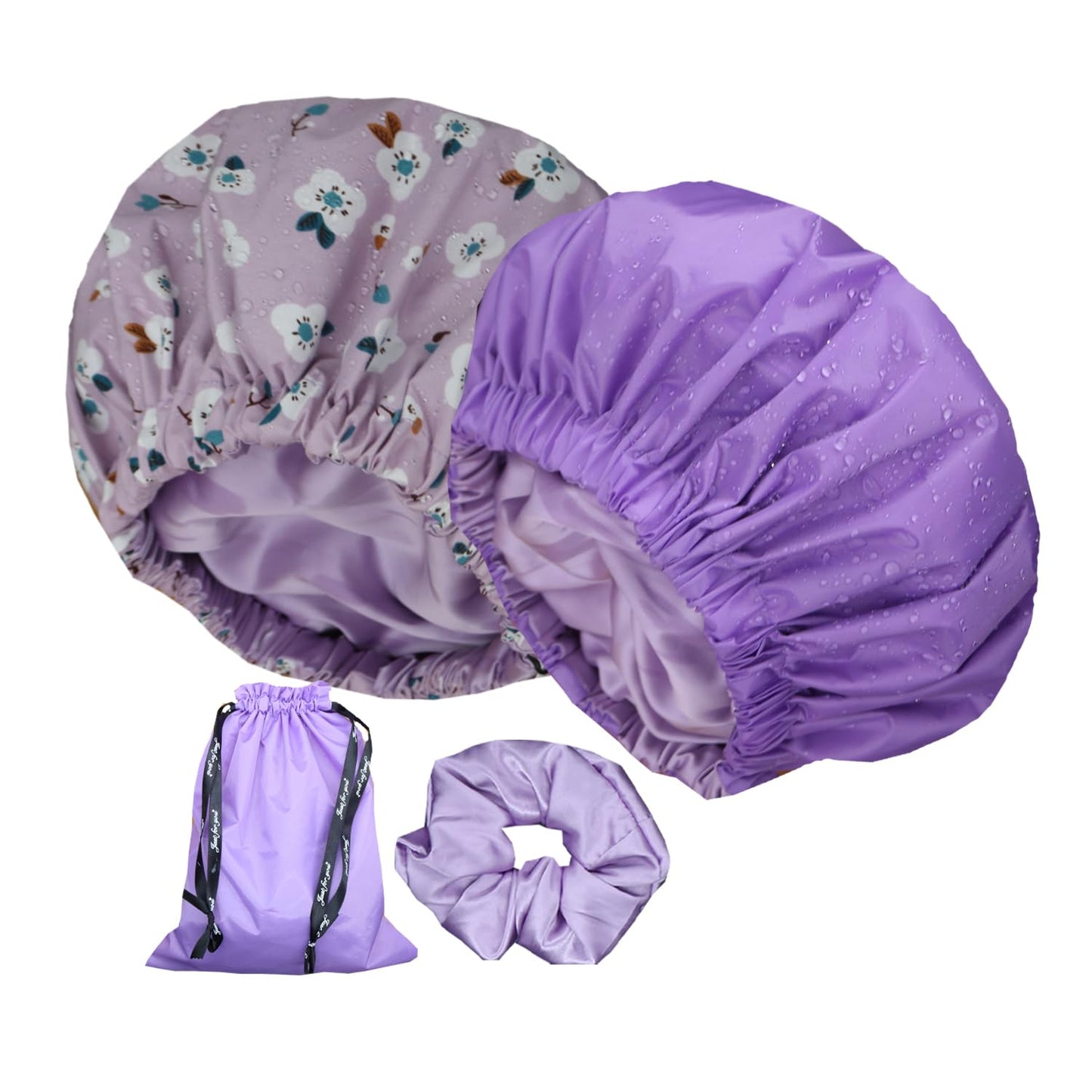 Genergy 2pcs Shower Cap for Women,Including Travel bag and Scrunchy. Frizz-Free Silky Liner, Waterproof Reusable Large Bath Bonnet for Short and Long Thick Hair, Soft Adjustable Elastic, Non-slip.