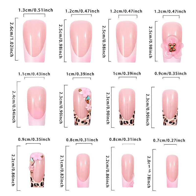 French Tip Press-On Nails - 24 Pcs Long Square Floral Design with 3D Rhinestones | Spring Summer Coffin Tips