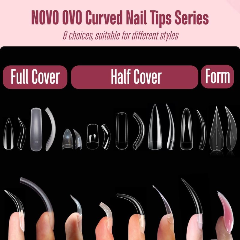 NOVO OVO French Tip Duck Nail Tips Press on, Pre-designed Soft Gel Nail Extension, Pre-applied Tip Primer & Base Coat, Full Cover Matte Vrial False Nails for DIY