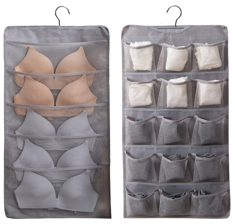 AARAINBOW Hanging Bra Organizer with Pockets, Hanging Sock Organizer, Dual Sided Hanging Closet Underwear Storage Holder for Lingerie, Panty Tie (20 Pockets, Gray)