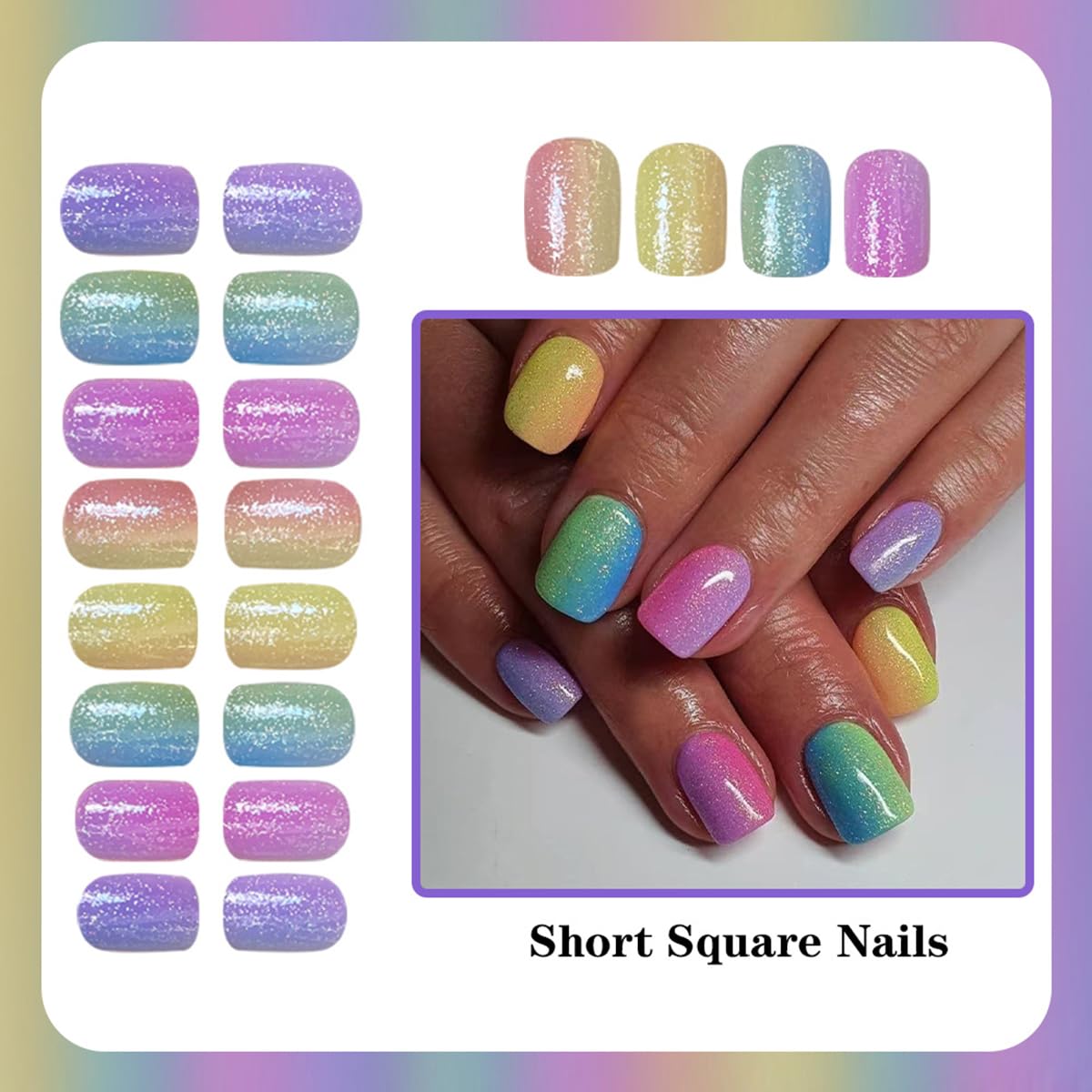 yefiuo Summer Press on Nails Short Square Fake Nails Press ons Acrylic False Nails Glue on Nails Reusable Nail Tips Kit Full Cover Stick on Nails for Women Girls Nail Supplies 24Pcs