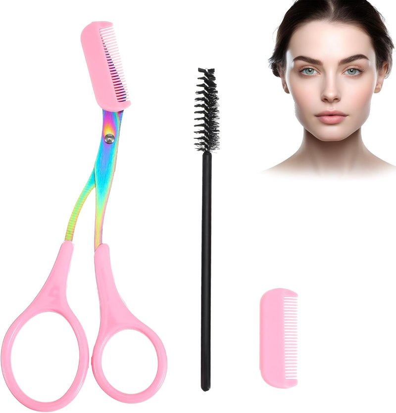 Skiennix Eyebrow Scissors - 2-in-1 Professional Trimmer with Comb & Brush for Women & Men | Pink