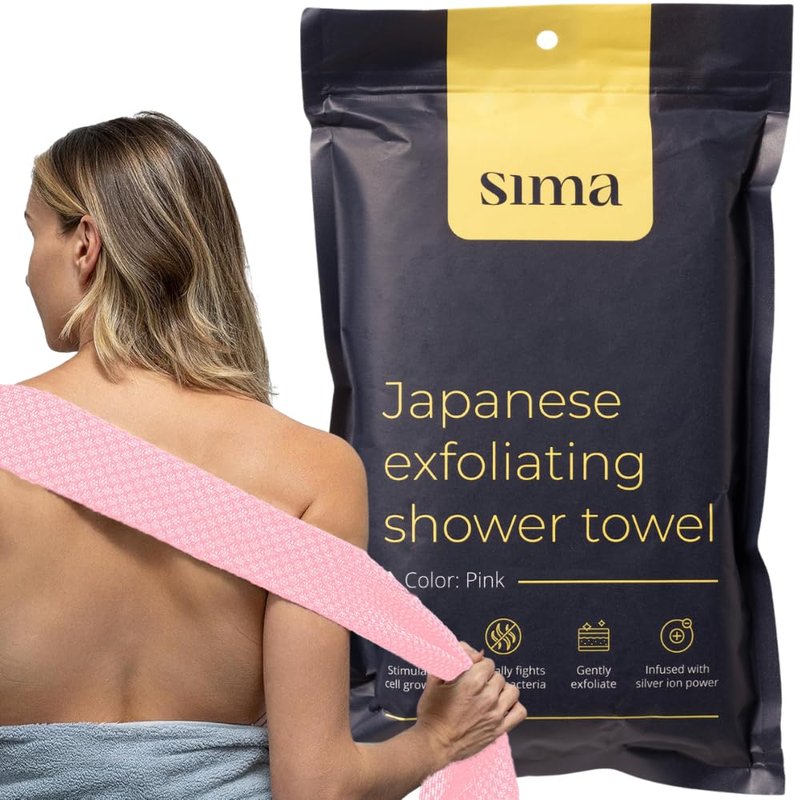 Sima Brand Exfoliating Washcloth Face & Body Scrub Towel - Japanese Exfoliating Towel with Hexagon Fibers, Body Scrubber with 2 Sides for Scrubbing & Washing, Extra Long Body Towels (Pink)