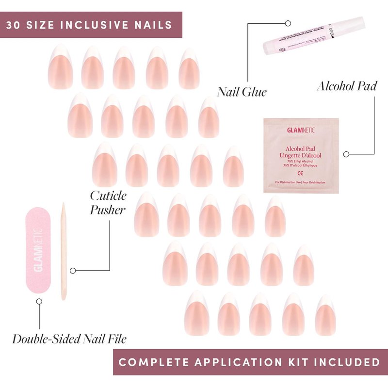 Glamnetic Press On Nails - Mrs. | Short Almond Fake Nails with Glossy French Tips | 30 Nail Kit, 15 Sizes Included