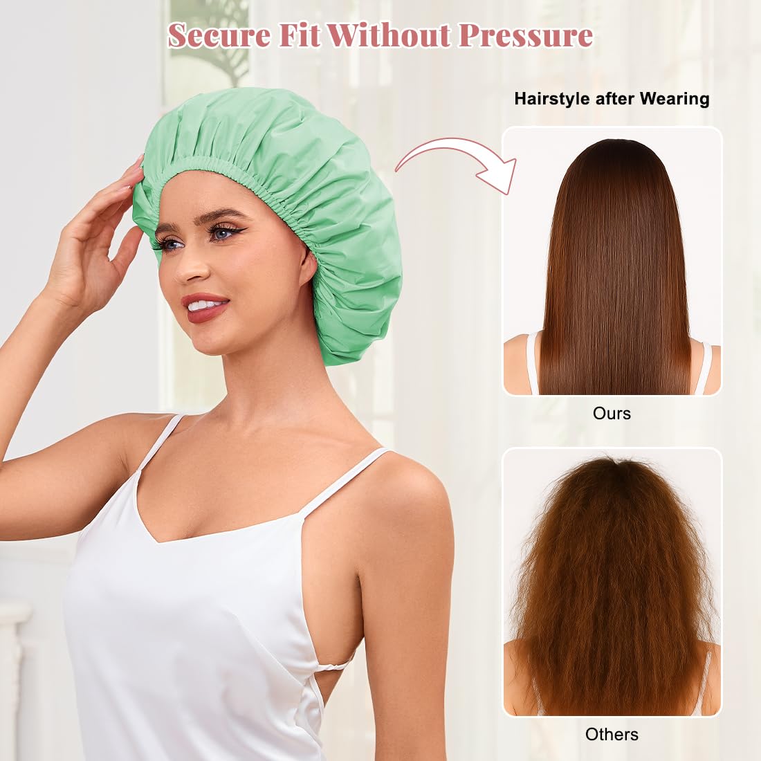 Shower Cap for Women Waterproof Reusable, Large Shower Cap Non-Slip with Elastic Band, Washable Bath Hair Hat for Long Hair, Braids (Mint Green)