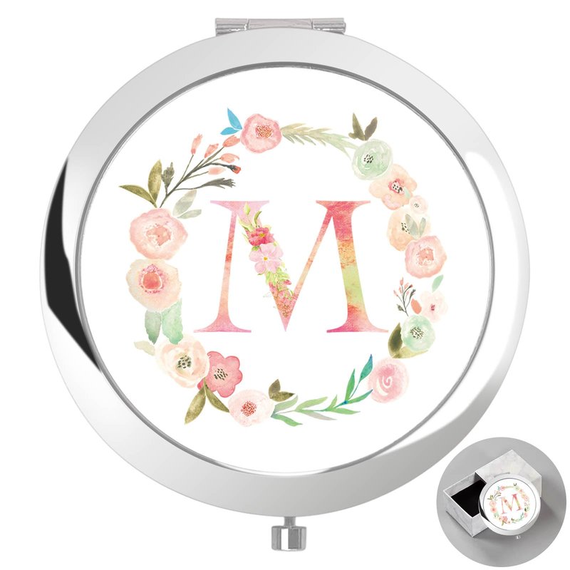 boutikpro Personalized Gift Initial Compact Mirror w Box for Women Sister Daughter Mom Wife, Floral Monogram Alphabet Silver Small Mirror Ideal Gift on Birthday, Christmas, Graduation (M, Silver)