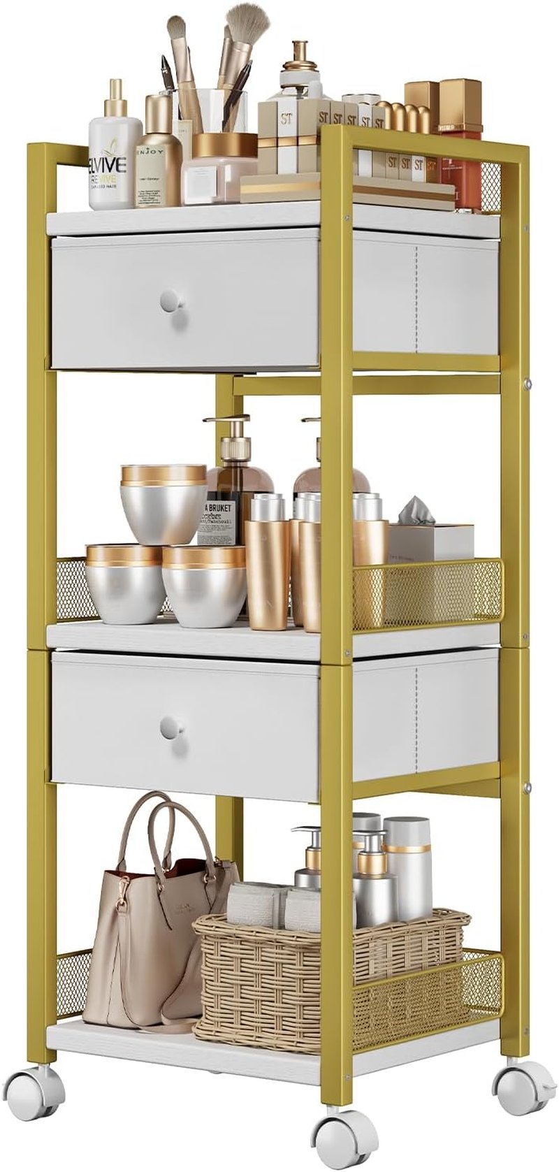 Flycity Makeup Organizer Cart with Drawers, 5 Tiers Rolling Makeup Cart, Floor Skincare Organizers, Vanity Organizer Storage with Wheels Cosmetic Display Cases for Skin Care Perfume Nail Polish, Gold