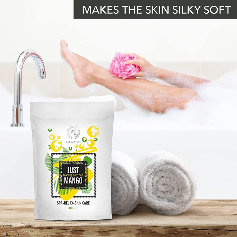 Foaming Bath Sea Salt Mango 35 Oz (1000g) - Bubble Bath Salts with Almond & Grape Seed Essential Oil & Mango Fruit Extract for Bath Soak - Relaxing Bath - Relaxation - Aromatherapy Bath Salts