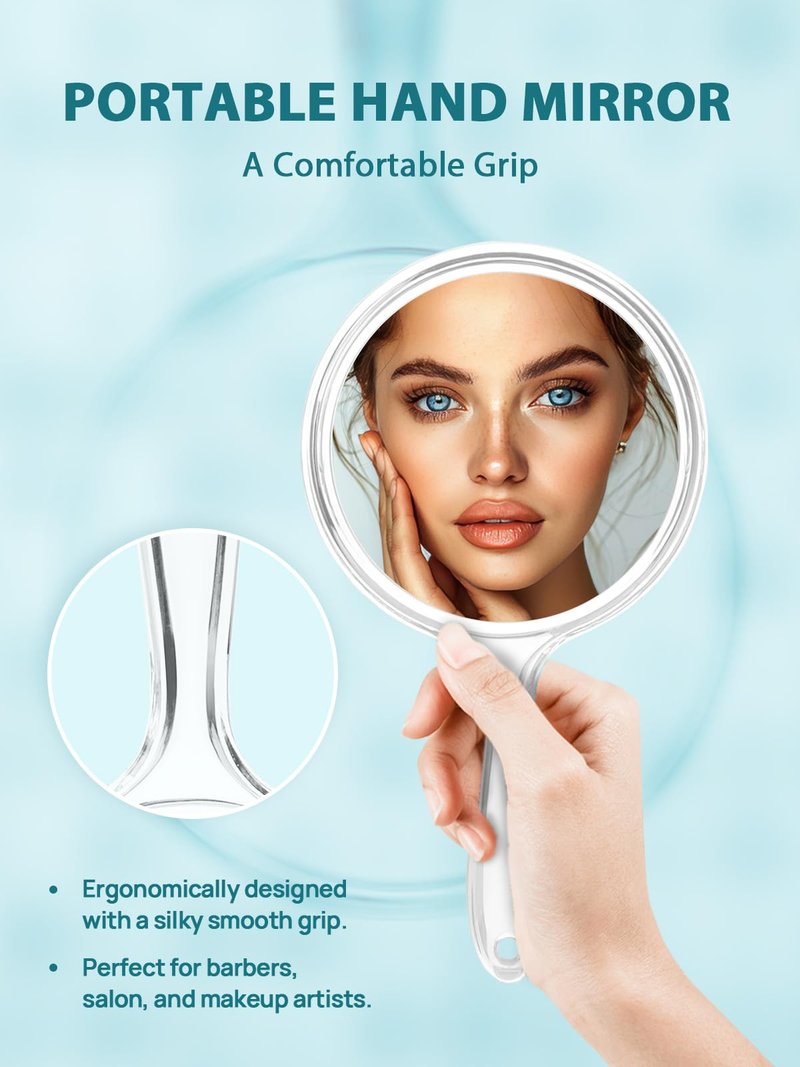Macaki Hand Mirror, Double-Sided 1X/5X Magnifying Mirror with Handle, Acrylic, 10.5" L x 5.7" W, Clear, Pack of 1
