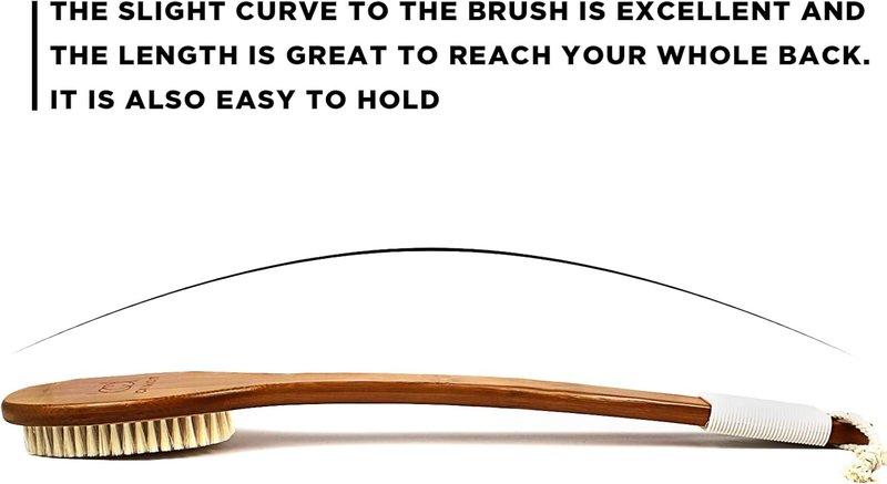 Natural Boar Bristle Bath Brush - Anti-Slip Long Handle Shower Scrubber | Exfoliating Back Brush with Pumice Stone (17.71 Inch)