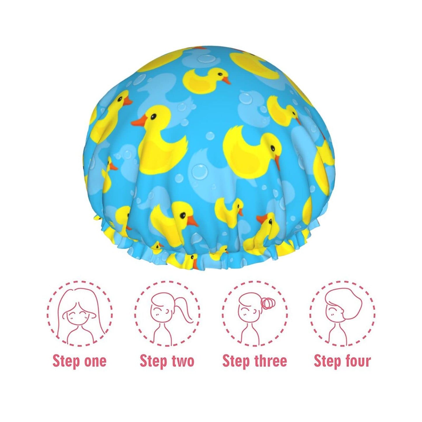 Rubber Duck Shower Cap for Women Reusable Double Layers Waterproof Shower Hair Protector PEVA Lined Shower Hat for All Long Hair Lengths, Stretchy Adjustable Shower Caps