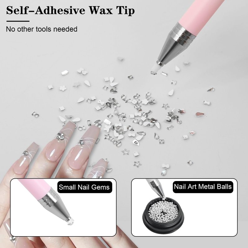 Ruetail Wax Pencil for Rhinestones, Upgraded Rhinestones Applicator Gem Crystals Picker Tool, Super Sticky Rhinestone Tool with 5Pcs Dual-ended Dotting Pens for Nail Art DIY Decoration (Pink)