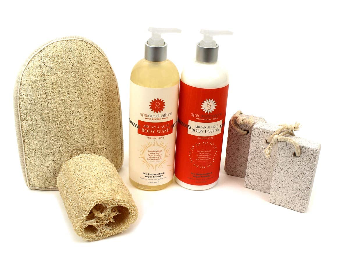 Spa Gift Set for Women "Beautiful Feet Gift Set" 7-piece Tropical Scent Gift Set with Body Wash, Body Lotion, Natural Loofah, and Pumice $71 Value