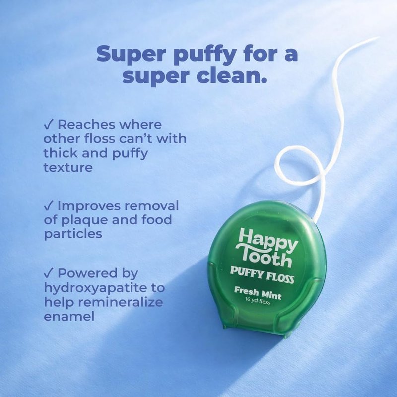 Happy Tooth Dental Floss, Natural Floss for Daily Dental Hygiene, Expanding String Floss for Tight Spaces Between Teeth, with Hydroxyapatite and Mint Flavor Tooth Cleaning Routine, 3 Pack