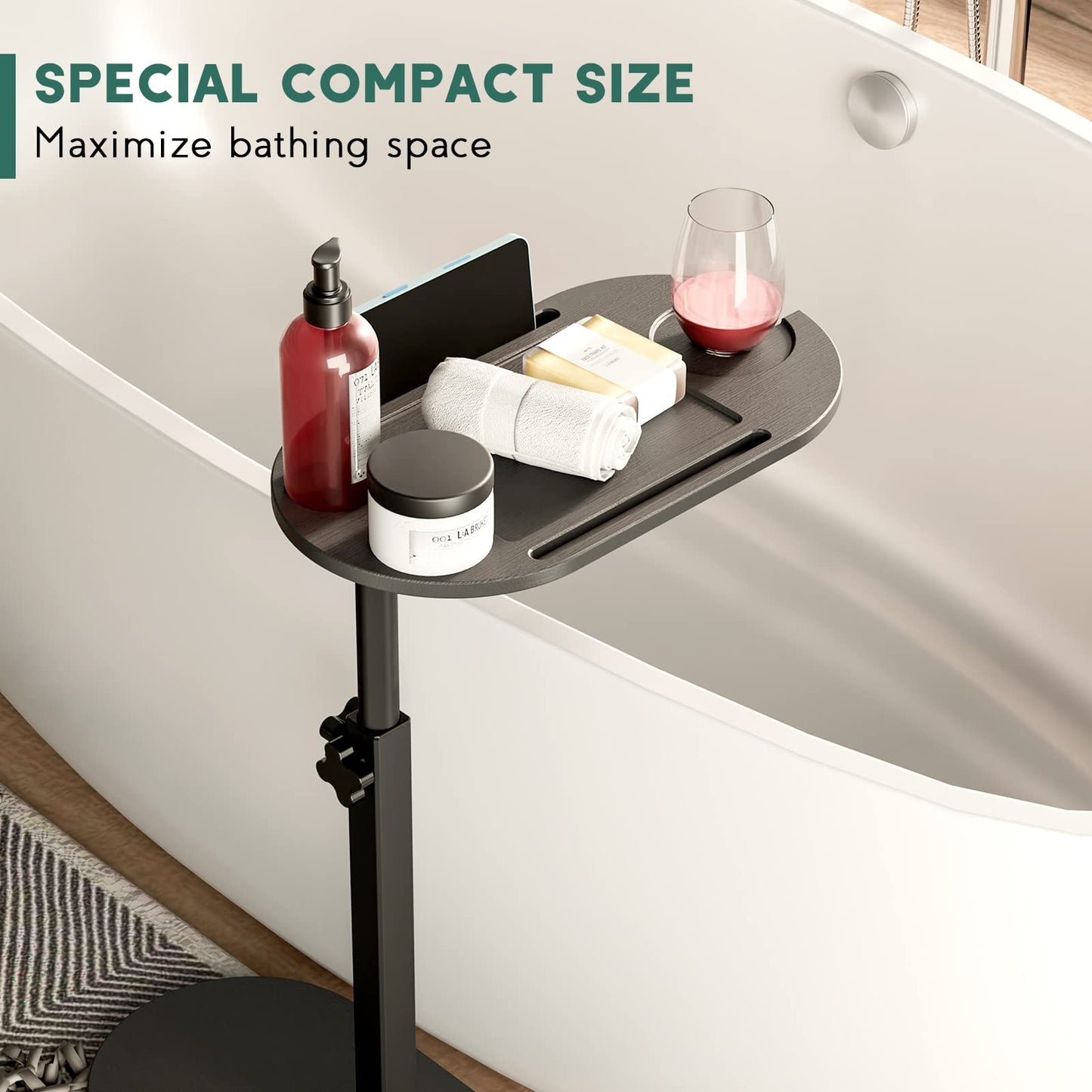 Yumkfoi Bamboo Bathtub Tray Table with Adjustable Height, Freestanding Bathtub Caddy for Tub Against Wall, Tub Organizer Suitable for Luxury Spa and House Warming - Patent Protected (Black)