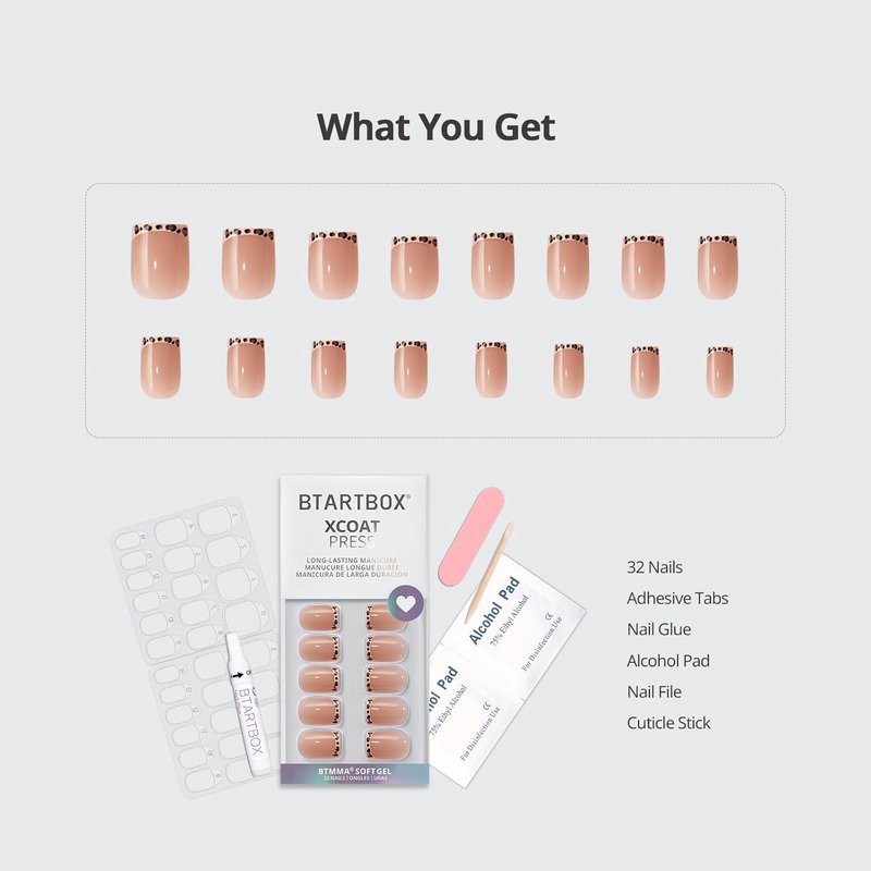 BTArtbox Press On Nails Short - Dangerous Game, Square Leopard French Tip Press On Nails with Glue and Adhesive Tabs for Women, Soft Gel Glue On Nails in 16 Sizes - 32 Stick On Nails Kit