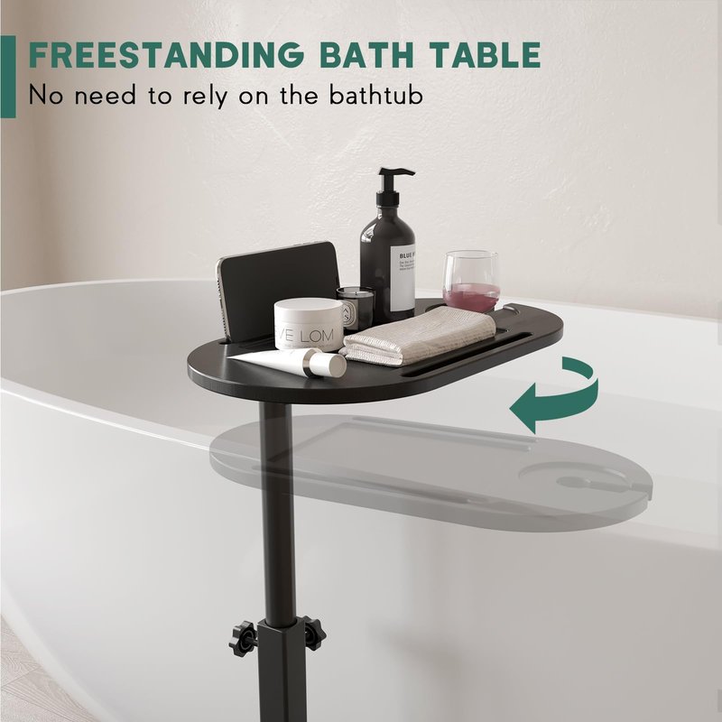 Yumkfoi Bathtub Tray Table with Carbon Steel Base, Freestanding Bath Tray for Tub Against Wall, Bathtub Caddy Hot Tub Table for Luxury Bath Home Spa Bath Accessories (Carbon Steel&Bamboo)