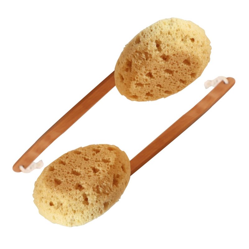 18" 2pcs Extra Long Handle Beechwood Bath Brush for Shower with Sponge - Exfoliating & Massaging Back Scrubber Bath Brush Gentle Exfoliating Lotion Applicator