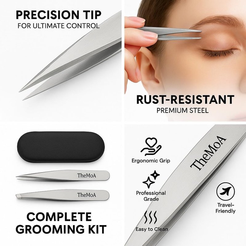 Precision Tweezers Set - Stainless Steel Pointed & Slant Tips for Eyebrow & Facial Hair | Professional Beauty Tool with Case