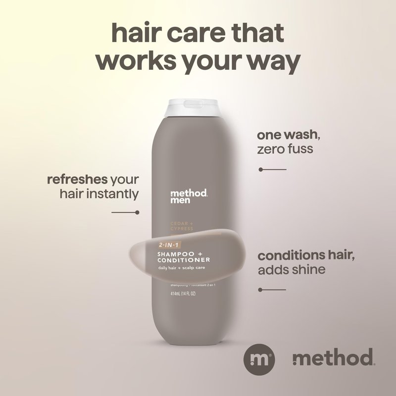Method Men 2-in-1 Shampoo and Conditioner, Cedar + Cypress - Cleans and Conditions with Argan and Jojoba Oil - Made without Parabens - 14 oz