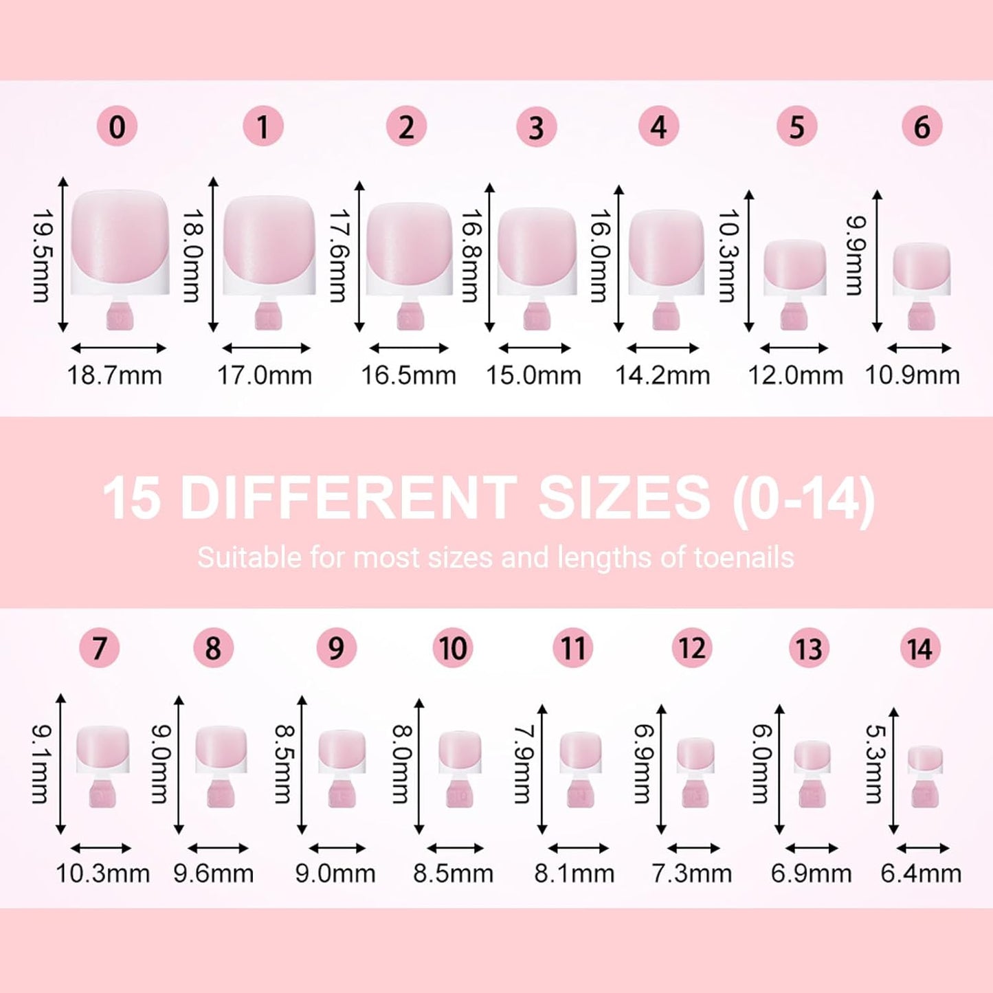 Toe Nail Tips - French Fake Short Acrylic Press-On Toenails | 150 Pcs in 15 Sizes, Baby Pink