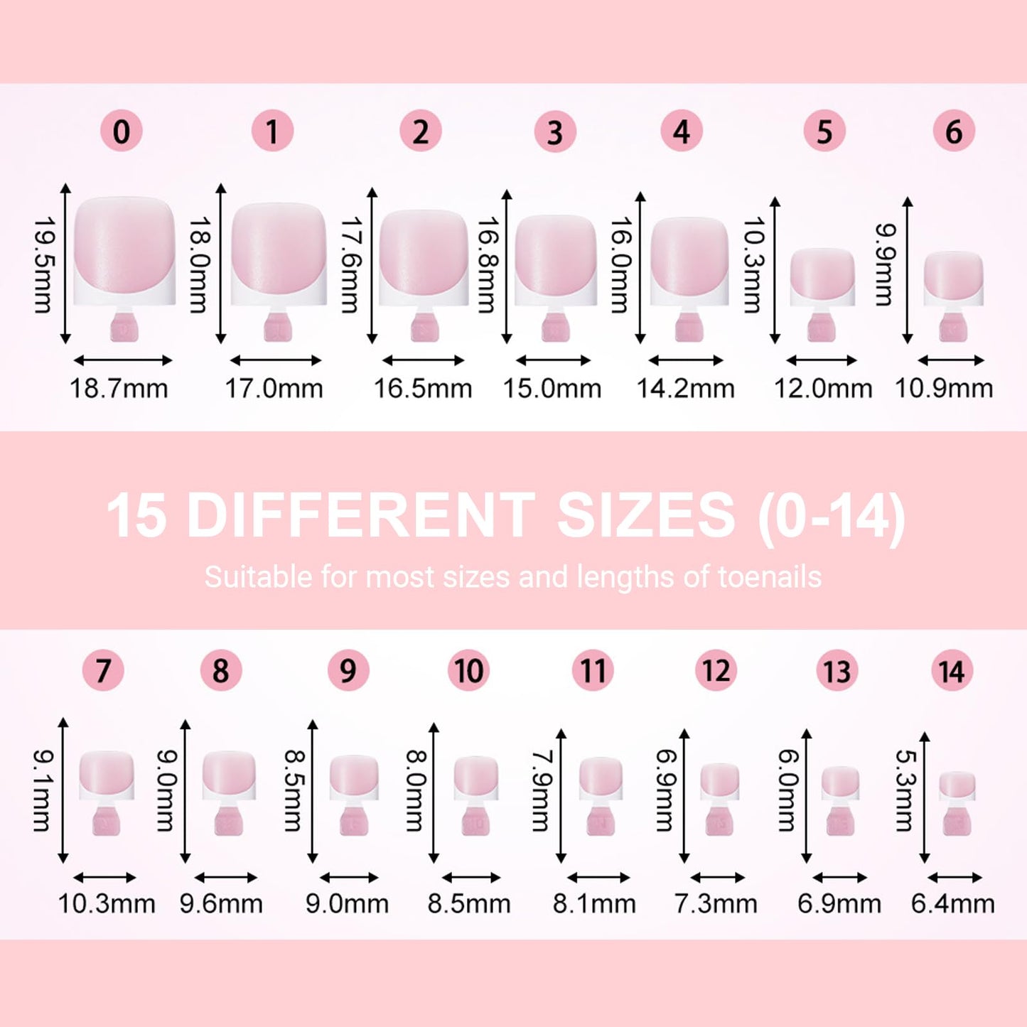 SWETIDAY Toe Nail Tips Press on, French Fake Short Toe Tips, 150Pcs Square Round Acrylic Toenail Press Ons, 15 Sizes French Baby Pink Wearable Full Cover Fake Toenails