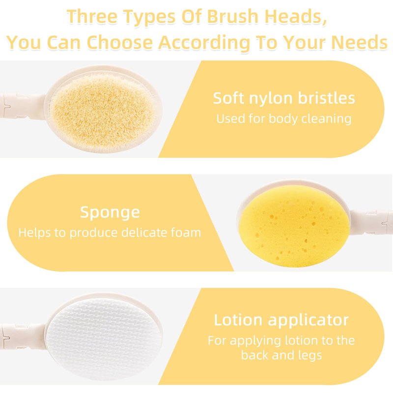LFJ 19" Long Handle Shower Sponge Brush Set, 3 in 1 Body Brush, Bath Sponge and Lotion Applicator Improved Skin Health, Suitable for Men and Women (White Brush-2P)