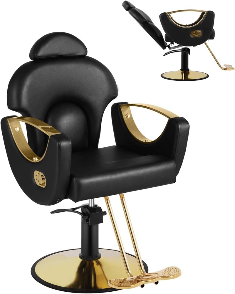 Reclining Salon Barber Chair - Heavy Duty Hydraulic Pump, 360° Swivel | Black Gold